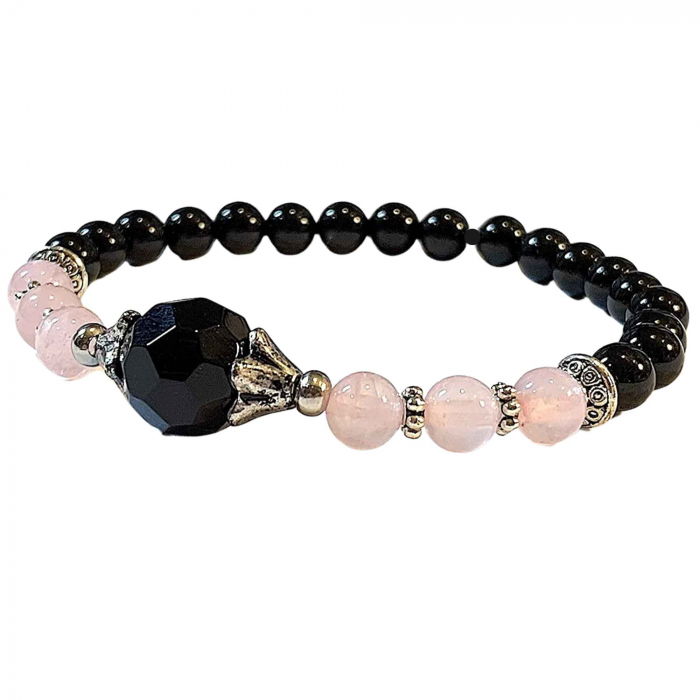 Bratara de vindecare realizata manual cu margele 8mm din cristale semipretioase de onix negru, cuart roz si agat negru [1]