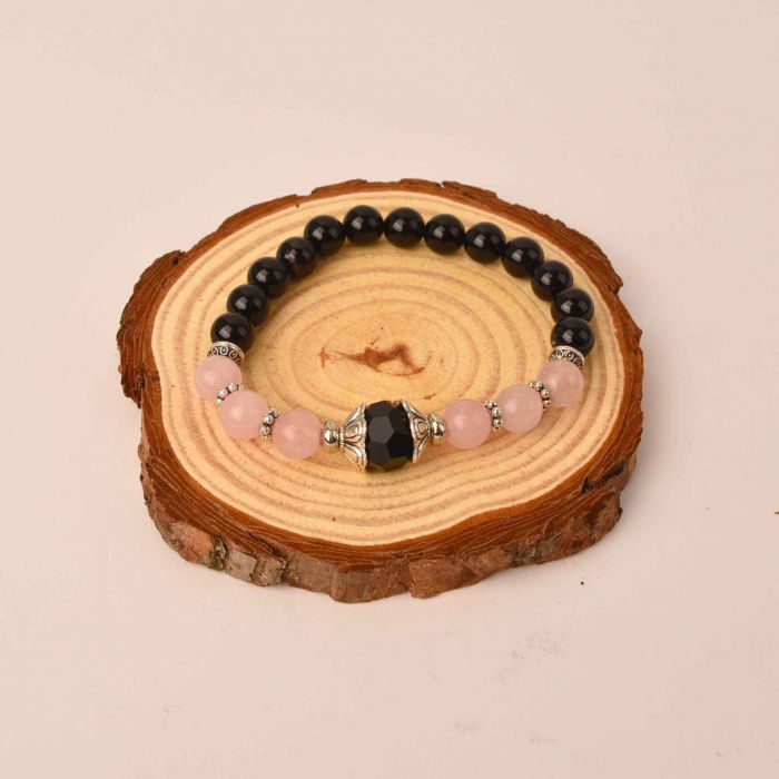 Bratara de vindecare realizata manual cu margele 8mm din cristale semipretioase de onix negru, cuart roz si agat negru [3]