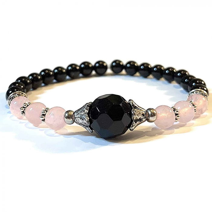 Bratara de vindecare realizata manual cu margele 8mm din cristale semipretioase de onix negru, cuart roz si agat negru [5]