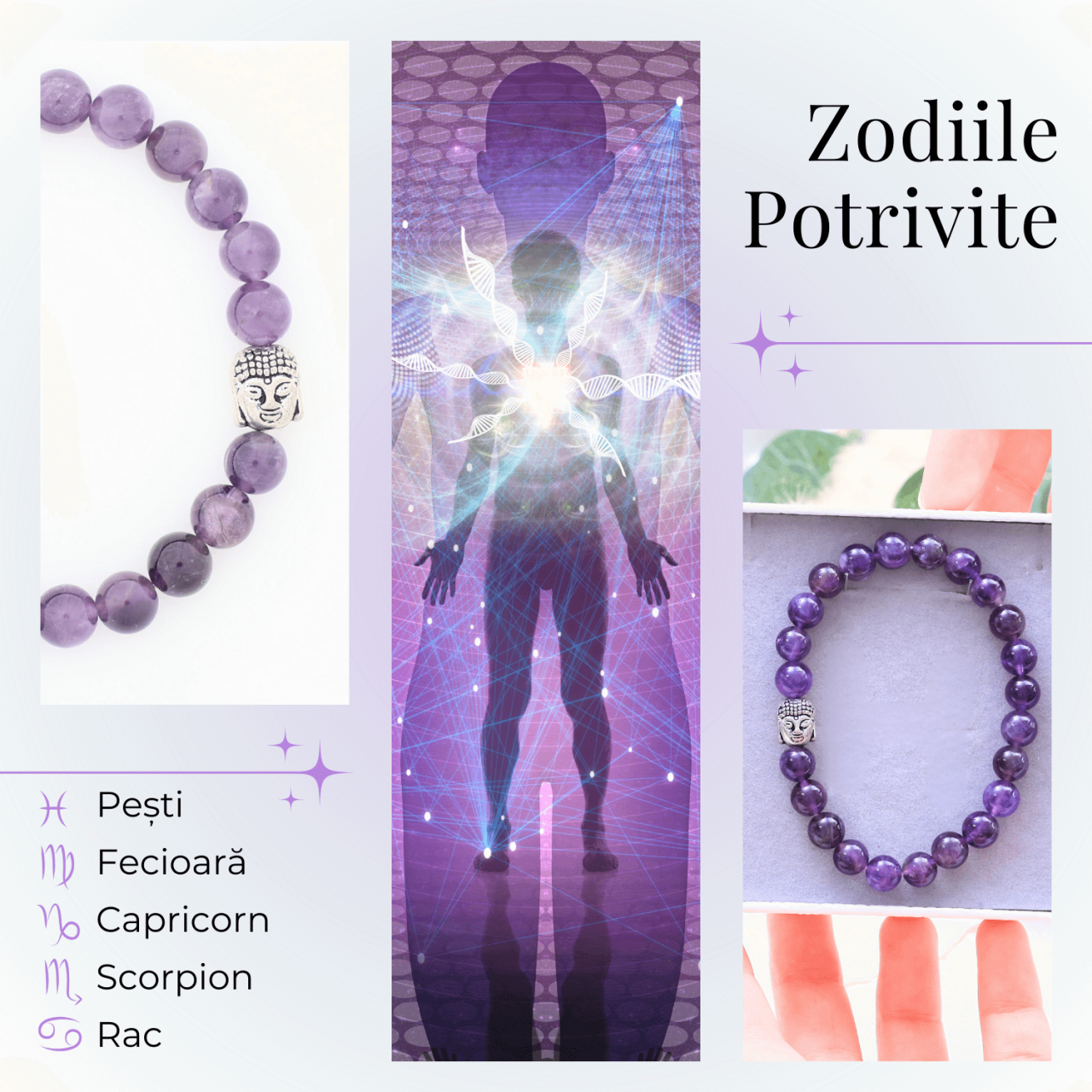 Bratara Reiki Ametist Natural 8mm cu Accesoriu Buddha [4]