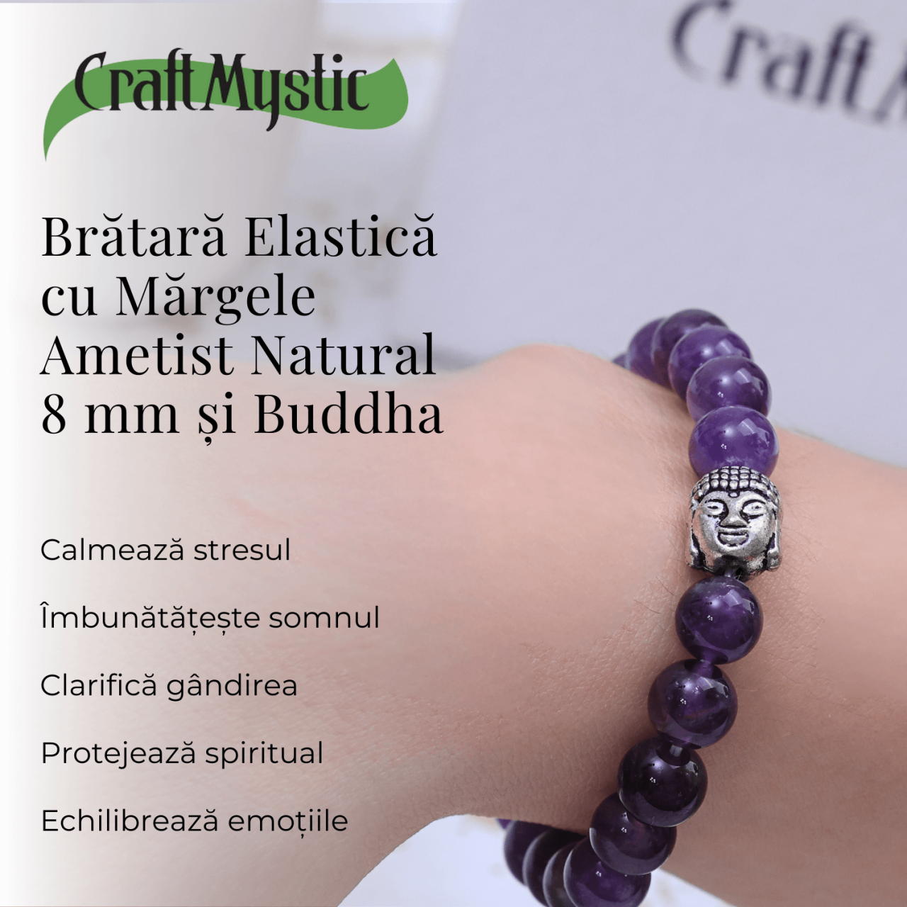 Bratara Reiki Ametist Natural 8mm cu Accesoriu Buddha [2]