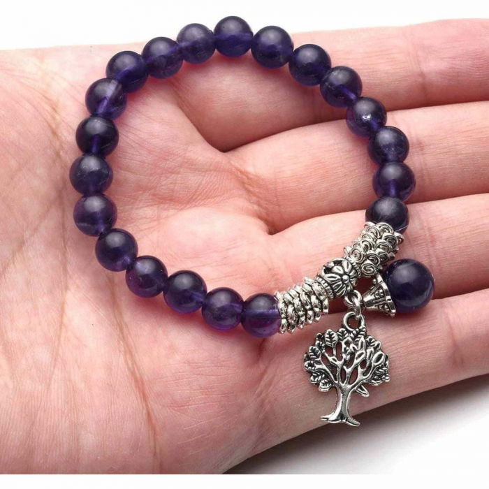 Bratara din pietre semipretioase 8mm Ametist- Pandativ cu Arborele vietii [3]