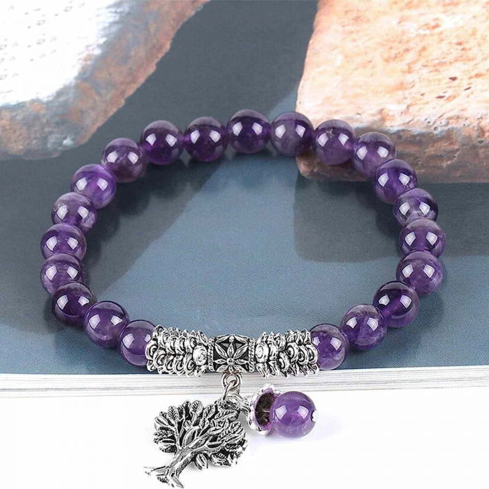 Bratara din pietre semipretioase 8mm Ametist- Pandativ cu Arborele vietii [2]