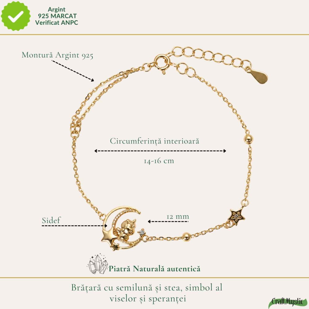 Bratara Argint 925 Placat Auriu cu Sidef Natural, Semiluna, Stea si Calut – Feminitate si Intuitie [4]