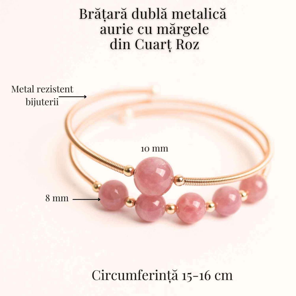 Bratara dubla metalica aurie si Cuart Roz natural pentru calm si claritate mentala [4]