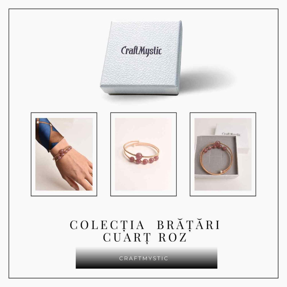 Bratara dubla metalica aurie si Cuart Roz natural pentru calm si claritate mentala [6]