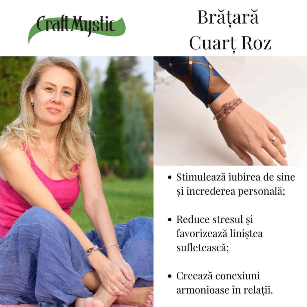Bratara dubla metalica aurie si Cuart Roz natural pentru calm si claritate mentala [3]