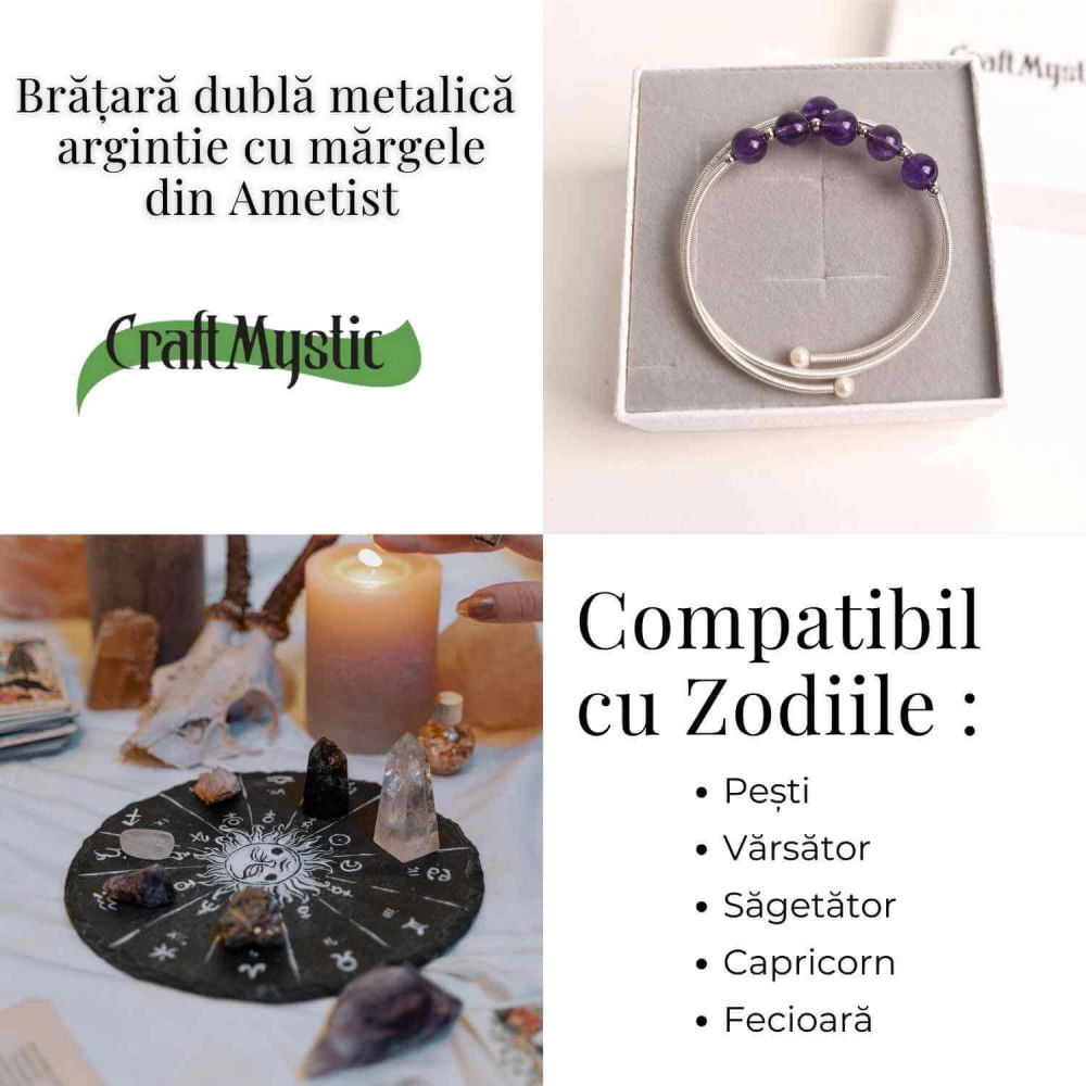 Bratara dubla metalica argintie cu ametist natural pentru calm si claritate mentala [5]