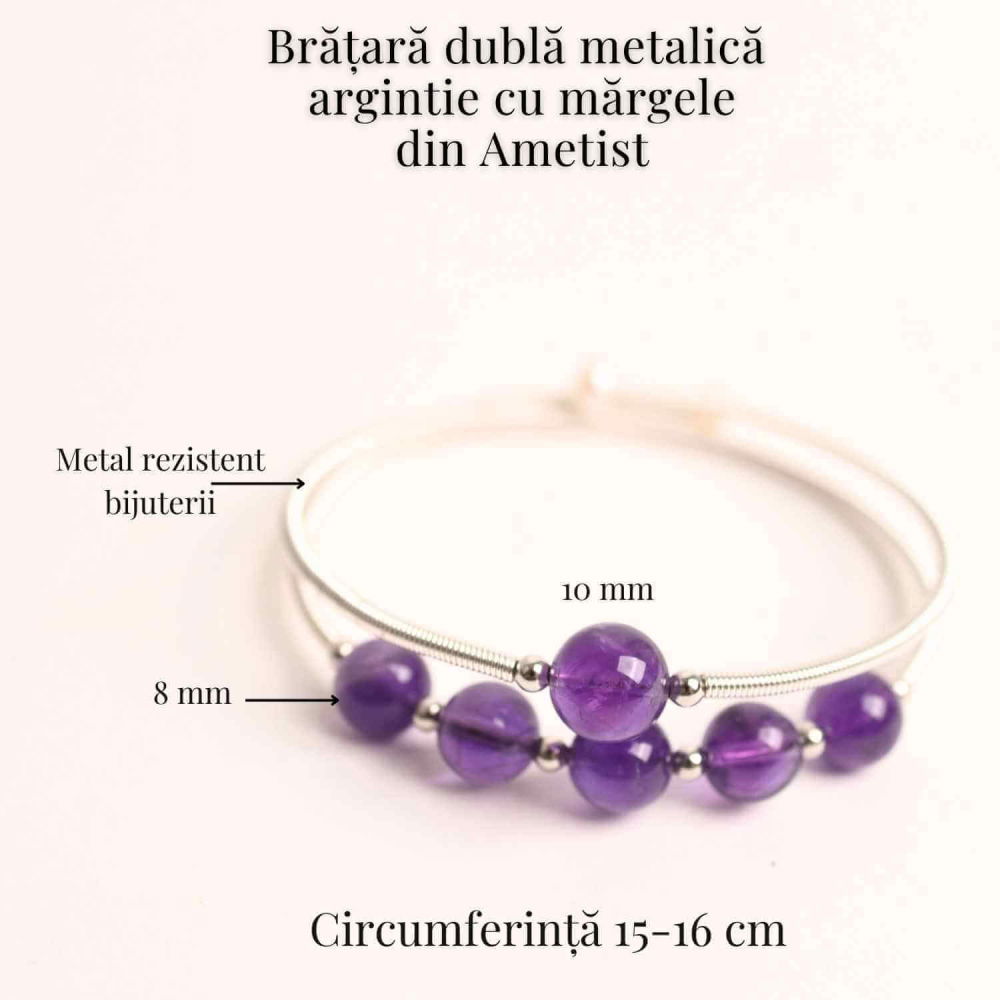 Bratara dubla metalica argintie cu ametist natural pentru calm si claritate mentala [4]