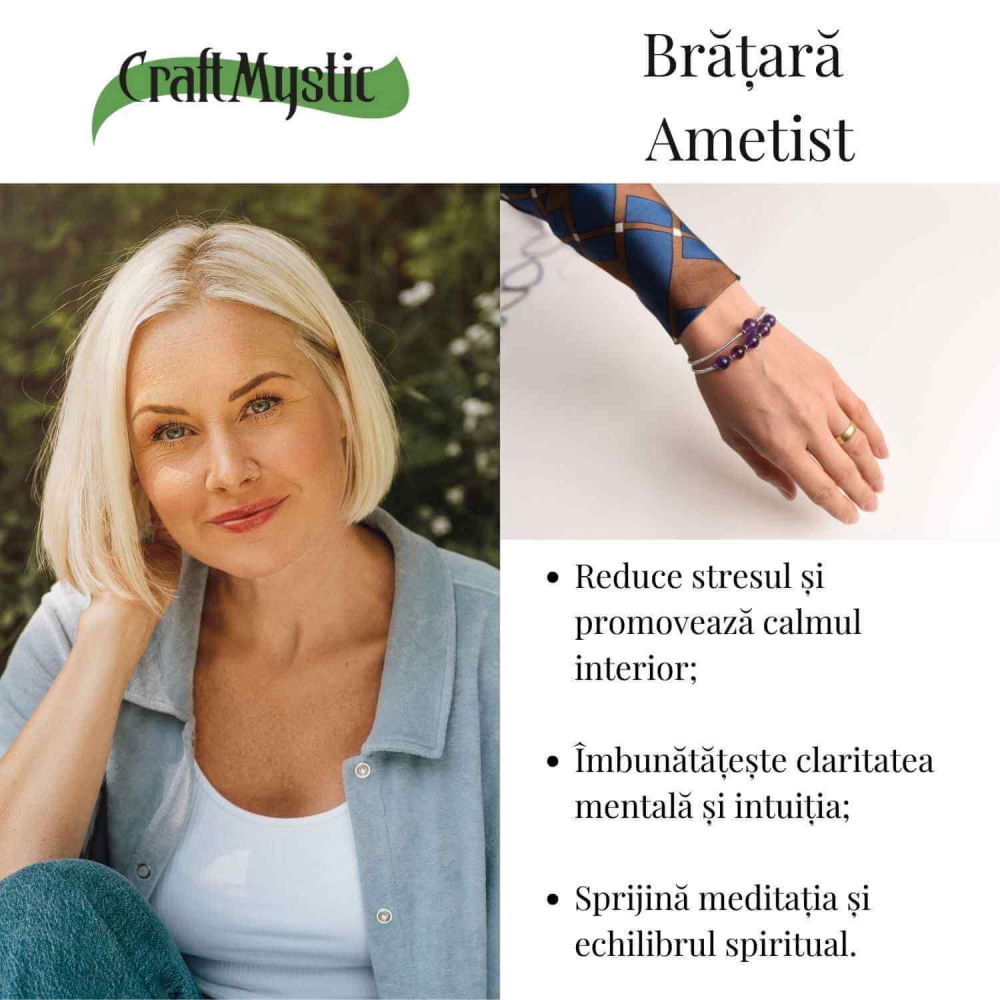 Bratara dubla metalica argintie cu ametist natural pentru calm si claritate mentala [3]
