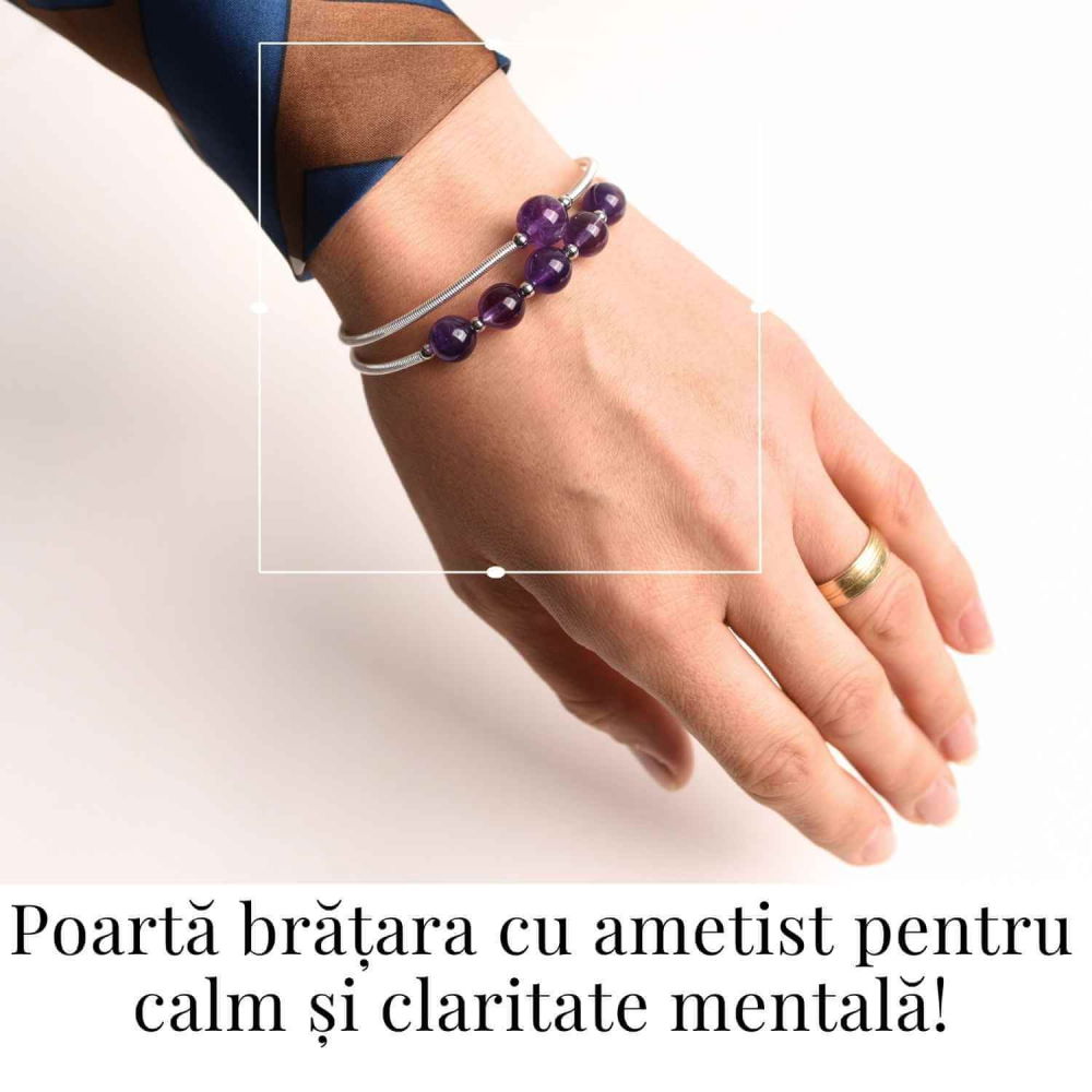 Bratara dubla metalica argintie cu ametist natural pentru calm si claritate mentala [2]