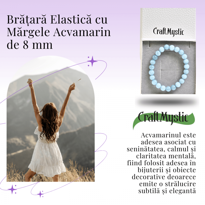 Bratara din cristal natural acvamarin pentru barbati si femei -  Bratara elastica cu margele de 6mm acvamarin natural Aduce noroc Cadouri pentru ziua mamei [4]