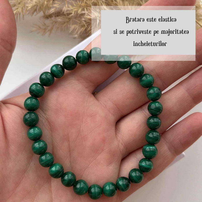 Bratara elastica lucrata manual cu Malachit natural India Margele Rotunde Semi-Pretioase de 6mm Unisex Lungime 15 cm [3]