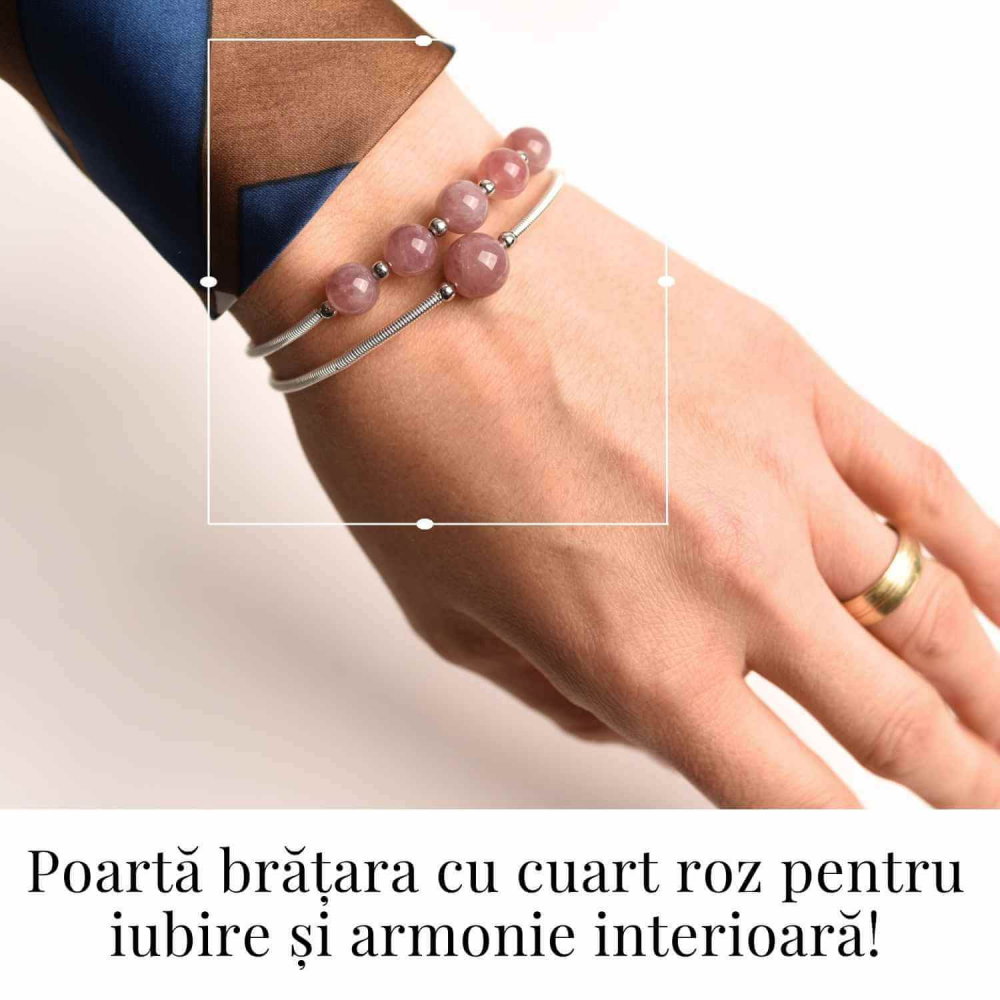 Bratara dubla metalica argintie si Cuart Roz natural pentru calm si claritate mentala [2]
