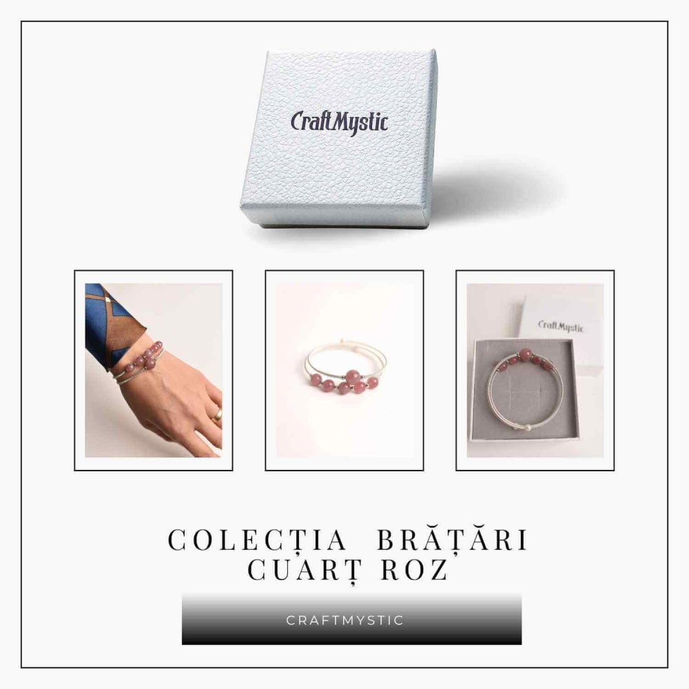 Bratara dubla metalica argintie si Cuart Roz natural pentru calm si claritate mentala [6]