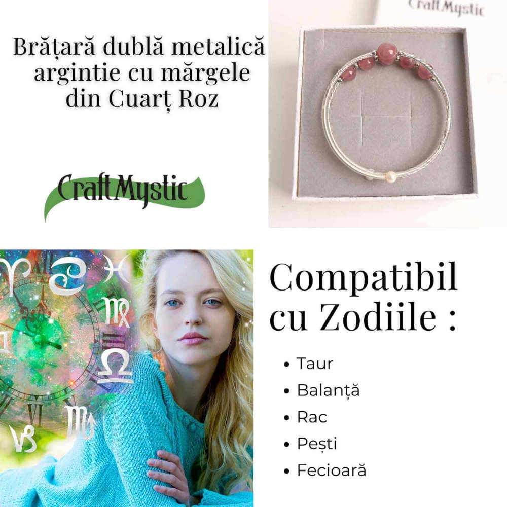 Bratara dubla metalica argintie si Cuart Roz natural pentru calm si claritate mentala [5]