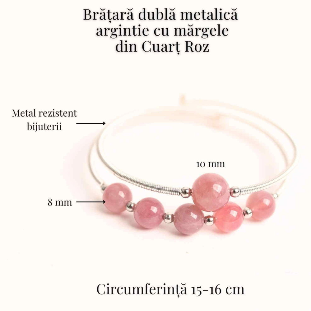 Bratara dubla metalica argintie si Cuart Roz natural pentru calm si claritate mentala [4]