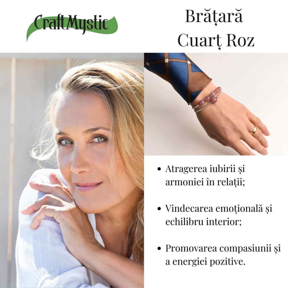 Bratara dubla metalica argintie si Cuart Roz natural pentru calm si claritate mentala [3]