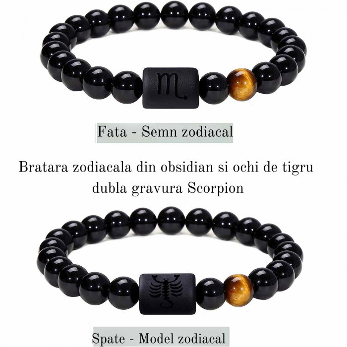 Bratara din pietre naturale 8mm Obsidian si Ochi de Tigru pentru barbati cu cele 12 constelatii - Include dubla gravura cu semn zodiacal specific [2]