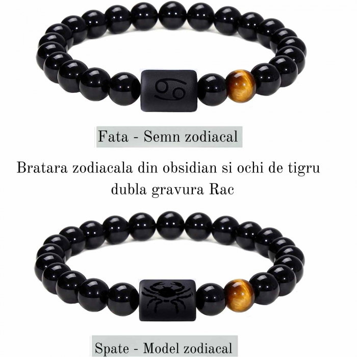 Bratara din pietre naturale 8mm Obsidian si Ochi de Tigru pentru barbati cu cele 12 constelatii - Include dubla gravura cu semn zodiacal specific [2]