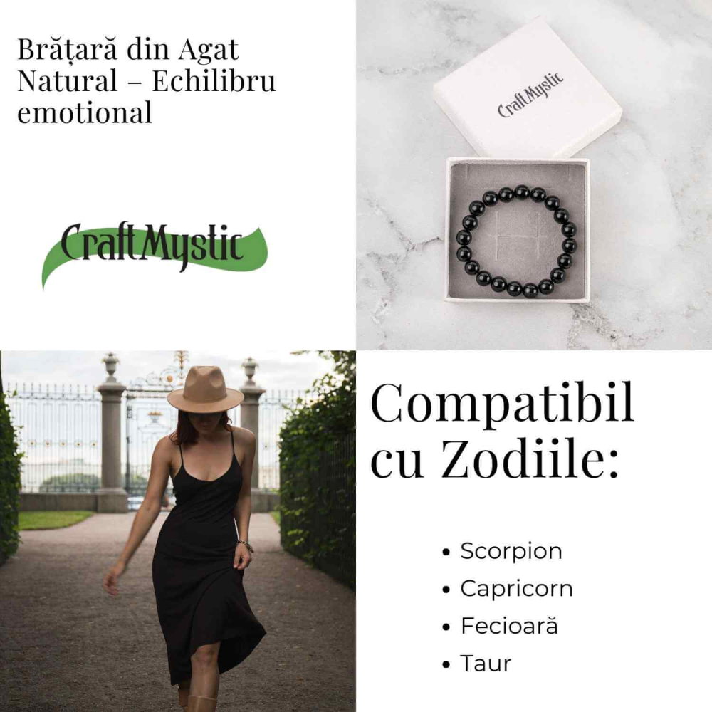 Bratara din Agat Negru Natural cu Margele Rotunde – Echilibru, Protectie si Ancorare [4]