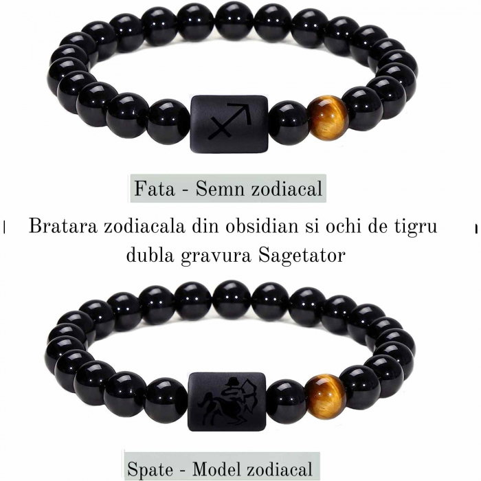 Bratara din pietre naturale 8mm Obsidian si Ochi de Tigru pentru barbati cu cele 12 constelatii - Include dubla gravura cu semn zodiacal specific [2]