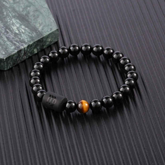 Bratara din pietre naturale 8mm Obsidian si Ochi de Tigru pentru barbati cu cele 12 constelatii - Include dubla gravura cu semn zodiacal specific [3]