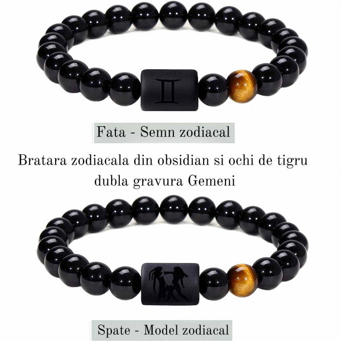 Bratara din pietre naturale 8mm Obsidian si Ochi de Tigru pentru barbati cu cele 12 constelatii - Include dubla gravura cu semn zodiacal specific [2]