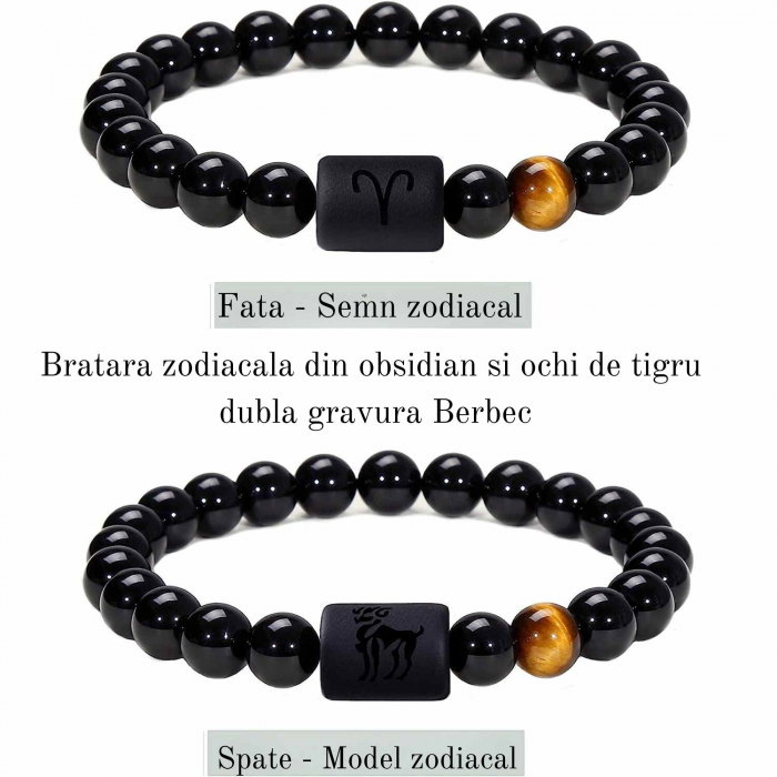 Bratara din pietre naturale 8mm Obsidian si Ochi de Tigru pentru barbati cu cele 12 constelatii - Include dubla gravura cu semn zodiacal specific [2]