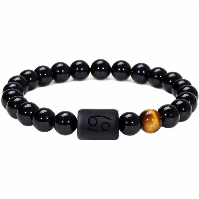 Bratara din pietre naturale 8mm Obsidian si Ochi de Tigru pentru barbati cu cele 12 constelatii - Include dubla gravura cu semn zodiacal specific [1]
