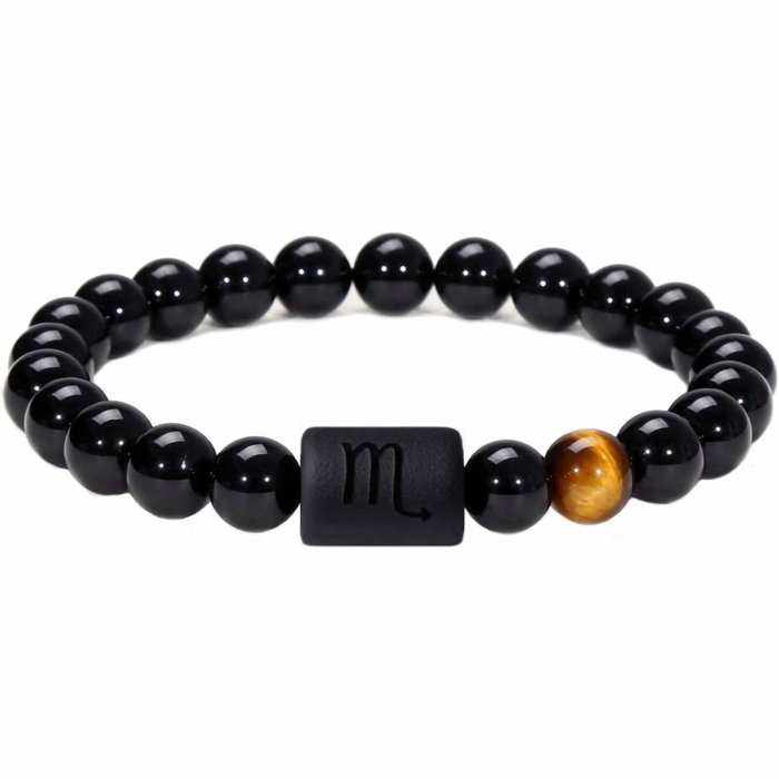 Bratara din pietre naturale 8mm Obsidian si Ochi de Tigru pentru barbati cu cele 12 constelatii - Include dubla gravura cu semn zodiacal specific [1]