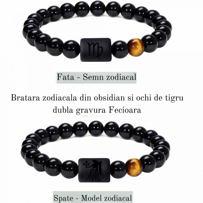Bratara din pietre naturale 8mm Obsidian si Ochi de Tigru pentru barbati cu cele 12 constelatii - Include dubla gravura cu semn zodiacal specific [2]