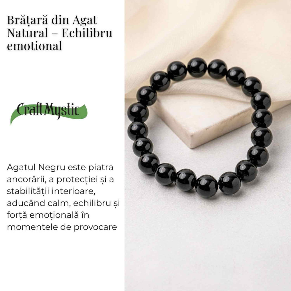 Bratara din Agat Negru Natural cu Margele Rotunde – Echilibru, Protectie si Ancorare [3]