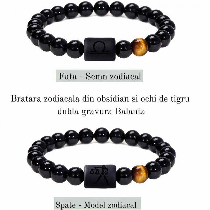Bratara din pietre naturale 8mm Obsidian si Ochi de Tigru pentru barbati cu cele 12 constelatii - Include dubla gravura cu semn zodiacal specific [2]