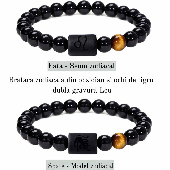 Bratara din pietre naturale 8mm Obsidian si Ochi de Tigru pentru barbati cu cele 12 constelatii - Include dubla gravura cu semn zodiacal specific [2]