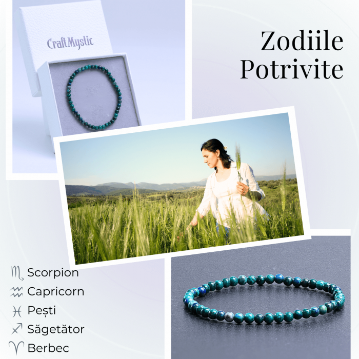 Bratara Elastica cu Margele Naturale de 4mm din Azurit cu Malachit, Protectie si Claritate [4]