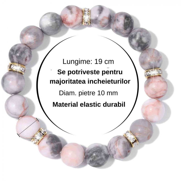 Bratara elastica cu pietre semipretioase zebra stone roz de 10 si 5 mm cu margele aurii si strasuri [2]