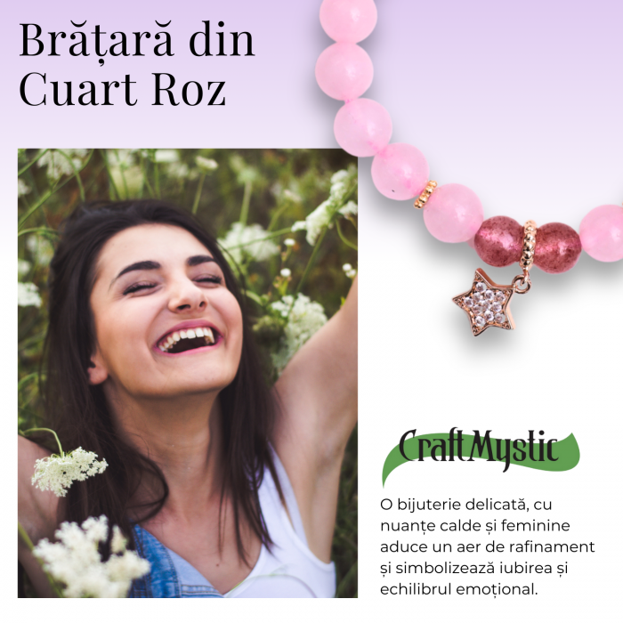 Bratara Elastica cu Margele din Cuart Roz de 8 mm si Pandantiv Sfera [8]