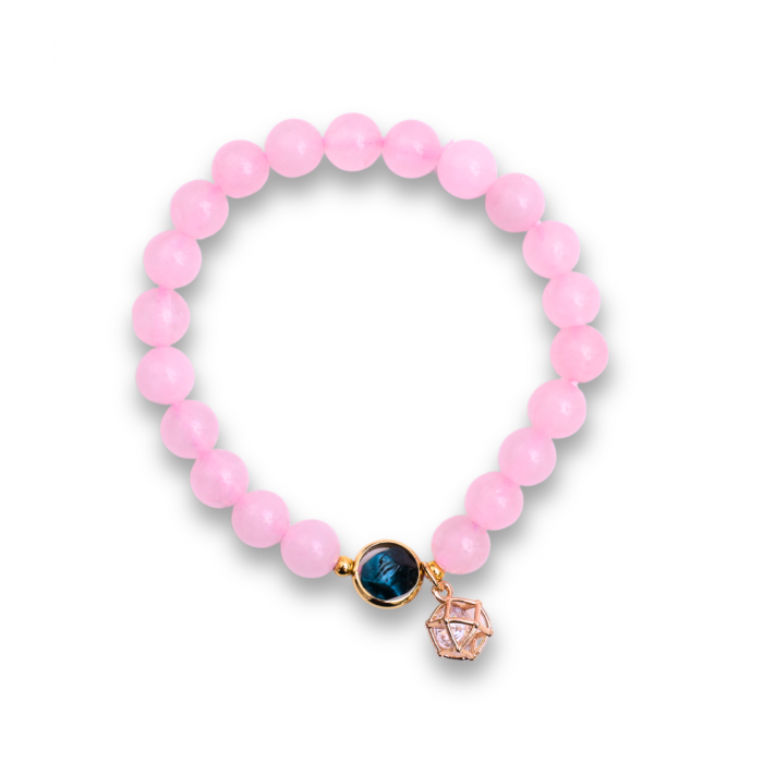 Bratara Elastica cu Margele din Cuart Roz de 8 mm, Pandantiv Albastru si Cosulet [2]