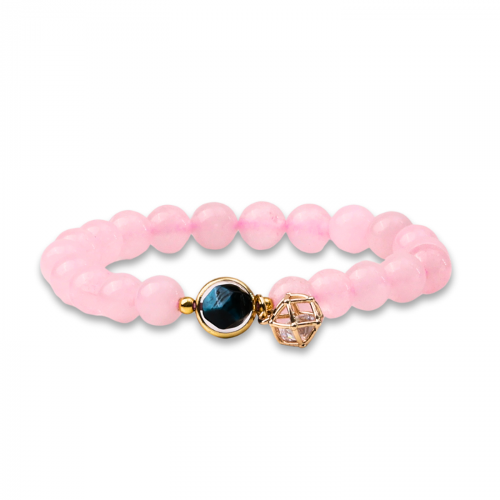Bratara Elastica cu Margele din Cuart Roz de 8 mm, Pandantiv Albastru si Cosulet [1]