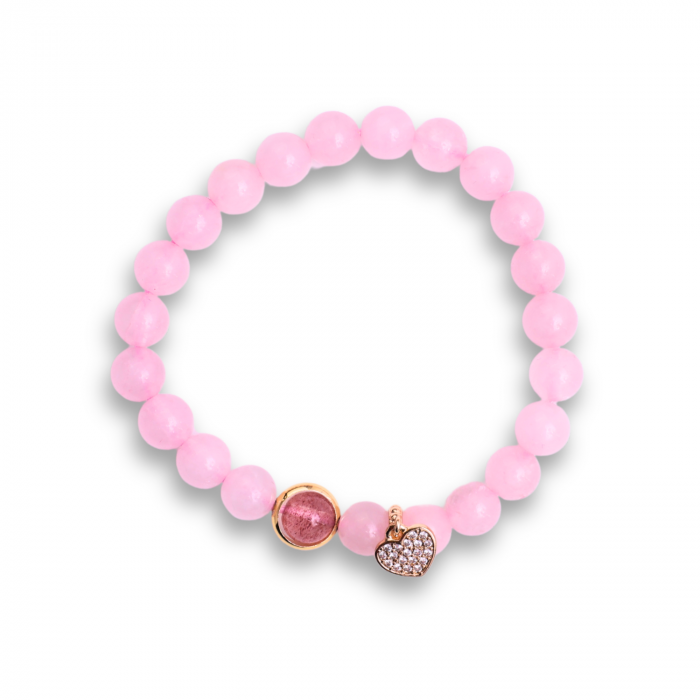 Bratara Elastica cu Margele din Cuart Roz de 8 mm, Pandantiv Sferic si Inimioara [2]
