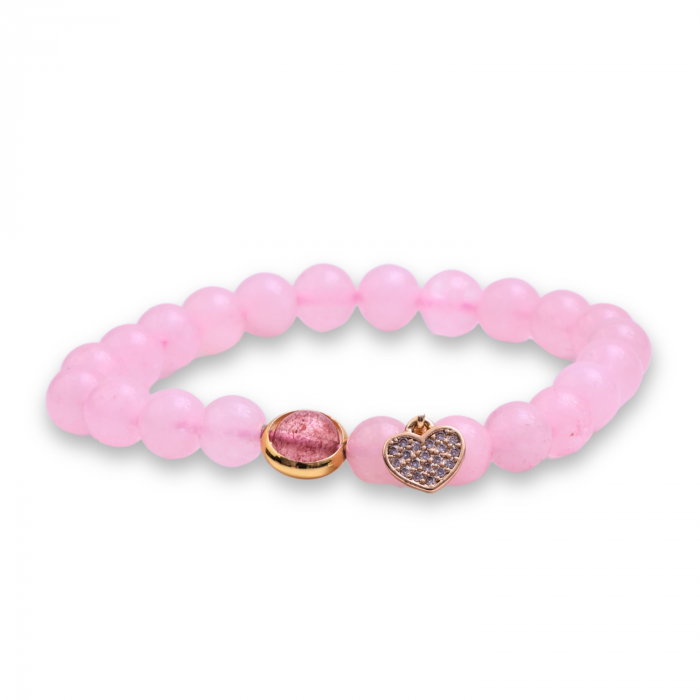 Bratara Elastica cu Margele din Cuart Roz de 8 mm, Pandantiv Sferic si Inimioara [1]
