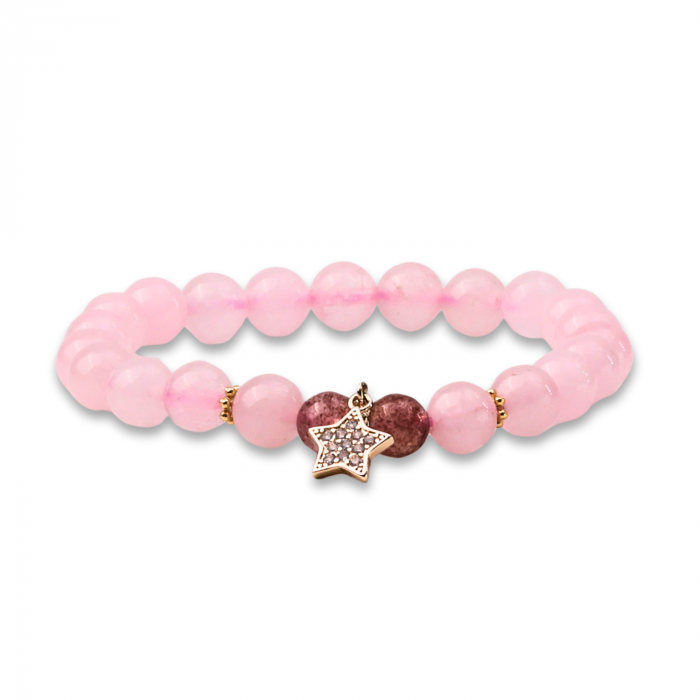 Bratara Elastica cu Margele din Cuart Roz de 8 mm si Pandantiv Steluta [1]