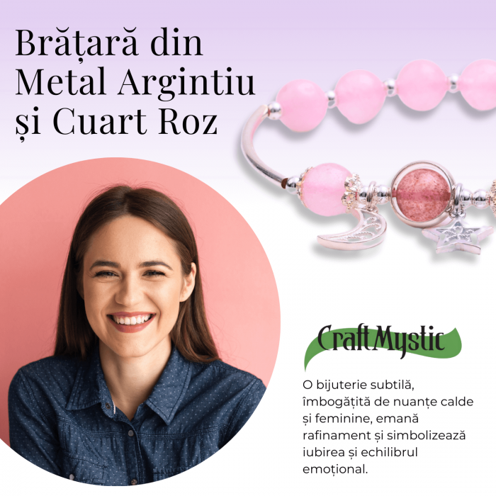 Bratara Metalica cu Margele din Cuart Roz, Pandantiv Stea si Luna [5]