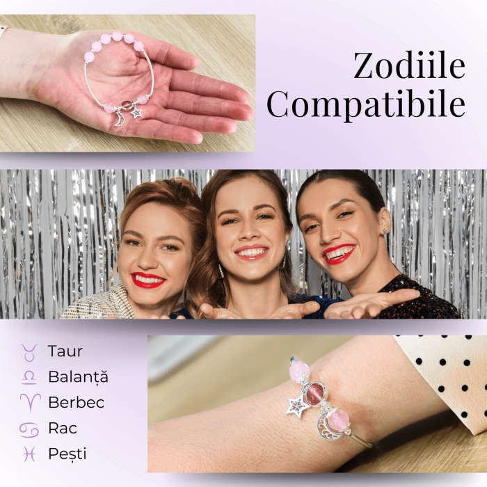 Bratara Metalica cu Margele din Cuart Roz, Pandantiv Stea si Luna [6]