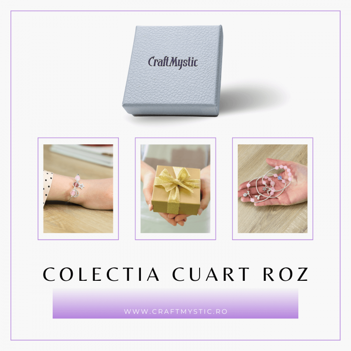 Bratara Metalica cu Margele din Cuart Roz, Pandantiv Stea si Luna [4]