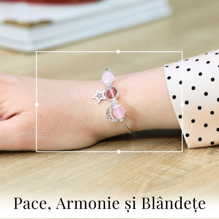 Bratara Metalica cu Margele din Cuart Roz, Pandantiv Stea si Luna [8]