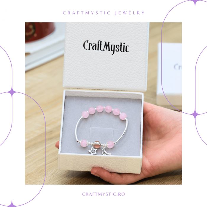 Bratara Metalica cu Margele din Cuart Roz, Pandantiv Stea si Luna [3]