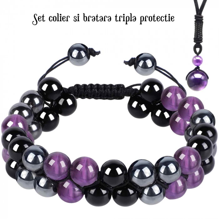 Set colier si bratara cu tripla protectie cu cristale naturale lucrata manual pentru barbati si femei - Margele de 8 mm din hematit, obsidian negru si ametist - Protectie, noroc [2]