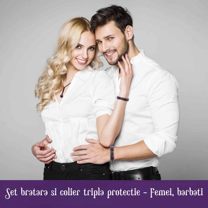 Set colier si bratara cu tripla protectie cu cristale naturale lucrata manual pentru barbati si femei - Margele de 8 mm din hematit, obsidian negru si ametist - Protectie, noroc [5]